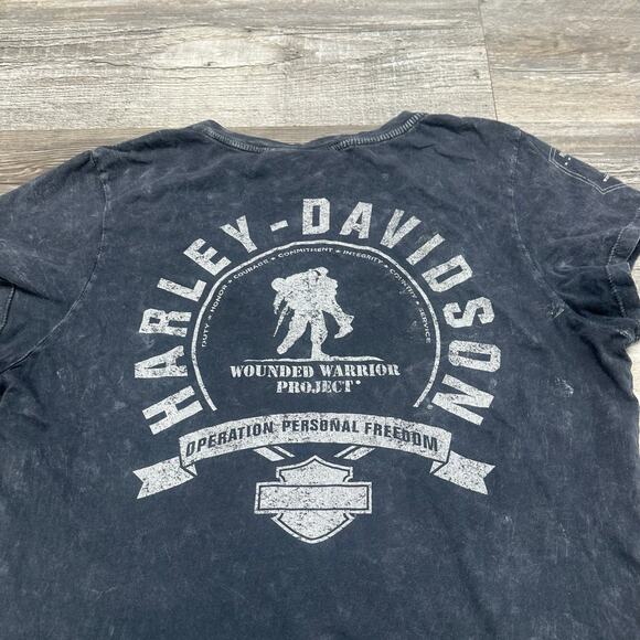 Harley Davidson Wounded Warrior Project Acid Wash Black Womens L Biker Tee USA - Picture 1 of 9